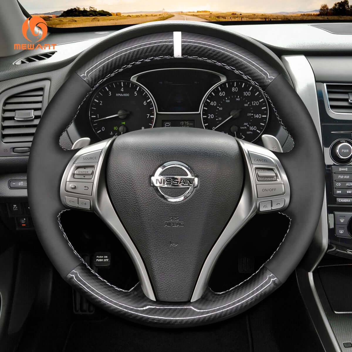 MEWANT Steering Wheel Cover for Nissan Qashqai X - Trail Teana Altima Sentra Tiida Navara Pulsar Rogue Navara D23 2013 - 2020 - Alcantara, Leather, Carbon Fiber, Easy Install, Non - Slip, Best Steering Wheel Cover