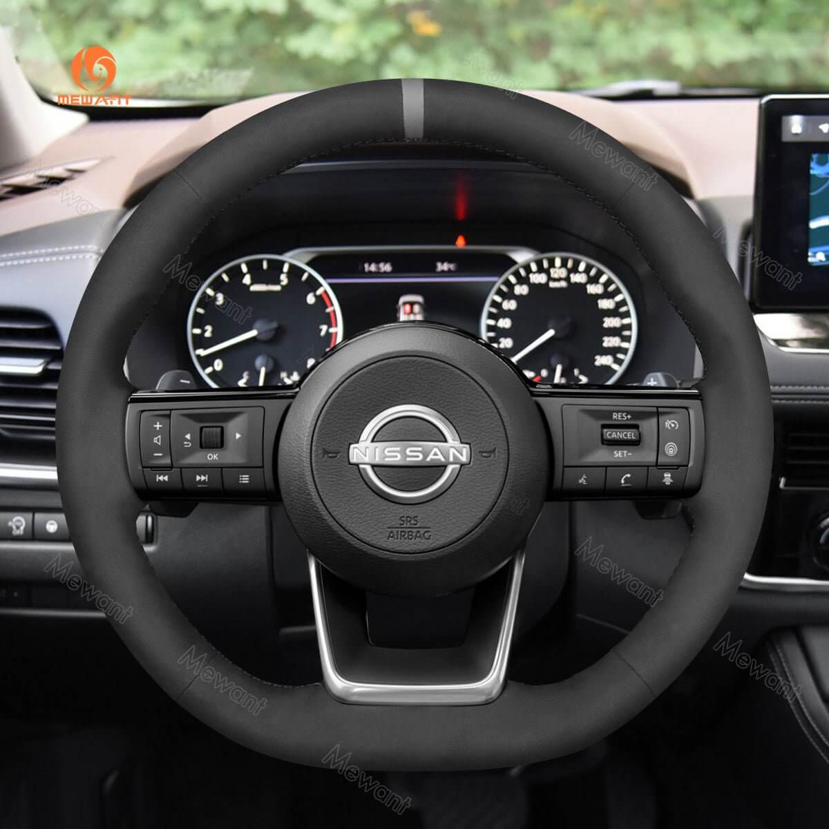 MEWANT Steering Wheel Cover for Nissan Rogue Pathfinder Qashqai III J12 X - Trail IV T33 2021 - 2024 - Alcantara, Leather, Carbon Fiber, Easy Install, Non - Slip, Best Steering Wheel Cover