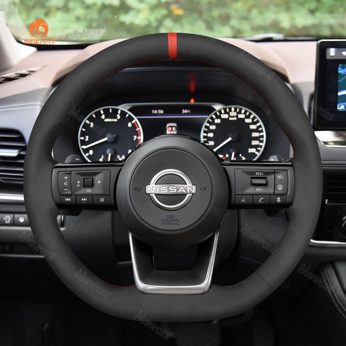 MEWANT Steering Wheel Cover for Nissan Rogue Pathfinder Qashqai III J12 X - Trail IV T33 2021 - 2024 - Alcantara, Leather, Carbon Fiber, Easy Install, Non - Slip, Best Steering Wheel Cover