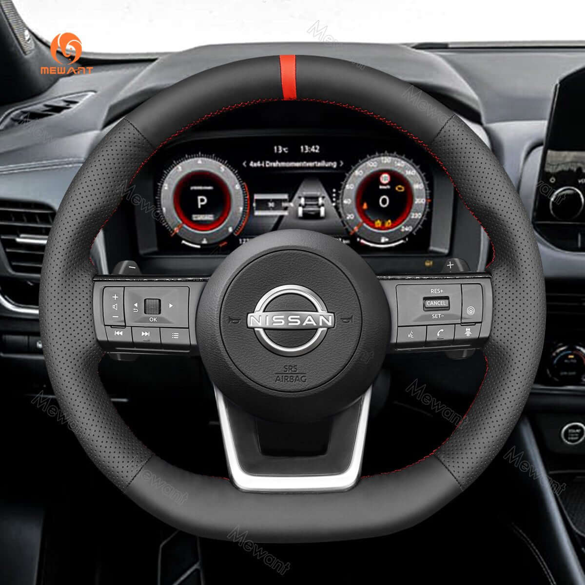 MEWANT Steering Wheel Cover for Nissan Rogue Pathfinder Qashqai III J12 X - Trail IV T33 2021 - 2024 - Alcantara, Leather, Carbon Fiber, Easy Install, Non - Slip, Best Steering Wheel Cover