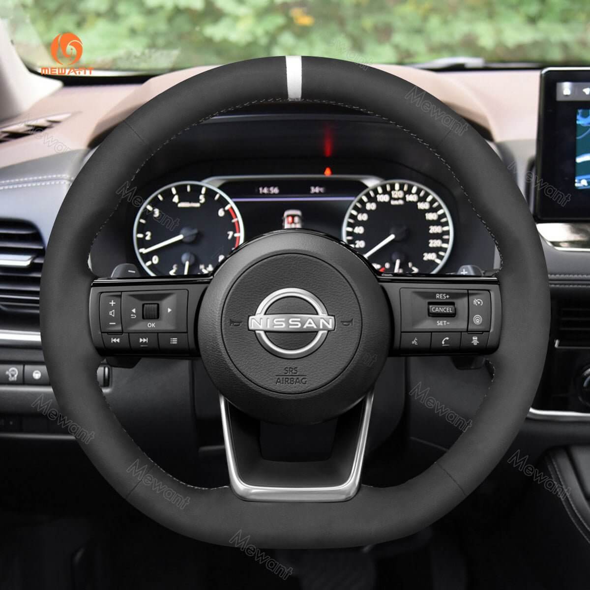 MEWANT Steering Wheel Cover for Nissan Rogue Pathfinder Qashqai III J12 X - Trail IV T33 2021 - 2024 - Alcantara, Leather, Carbon Fiber, Easy Install, Non - Slip, Best Steering Wheel Cover