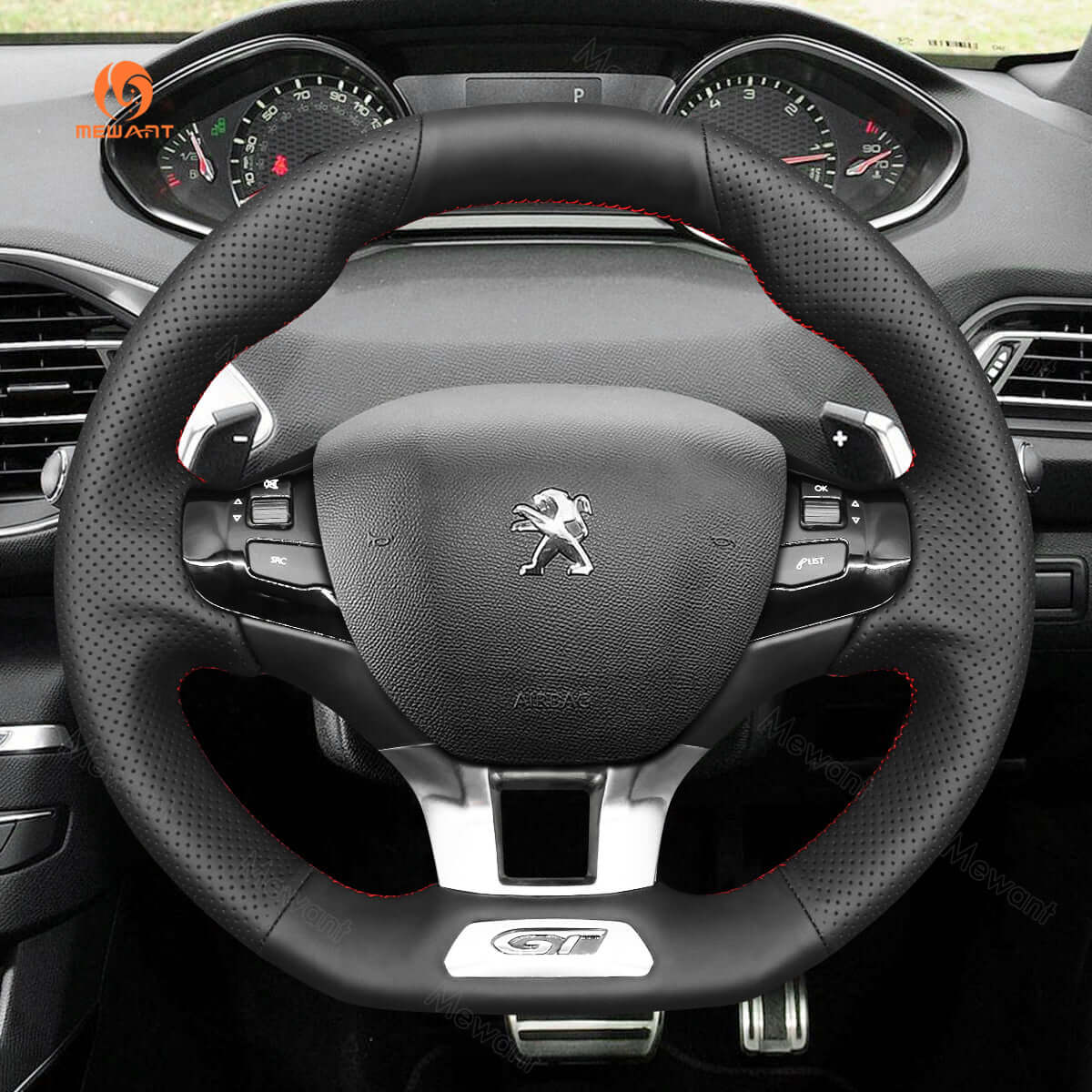 MEWANT Steering Wheel Cover for Peugeot 208 308 GT/GTi/GT Line 2013 - 2021 - Alcantara, Leather, Carbon Fiber, Easy Install, Non - Slip, Best Steering Wheel Cover