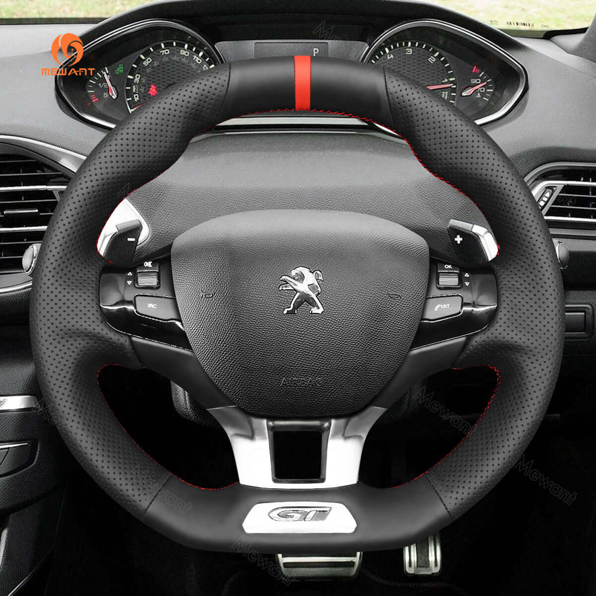 MEWANT Steering Wheel Cover for Peugeot 208 308 GT/GTi/GT Line 2013 - 2021 - Alcantara, Leather, Carbon Fiber, Easy Install, Non - Slip, Best Steering Wheel Cover