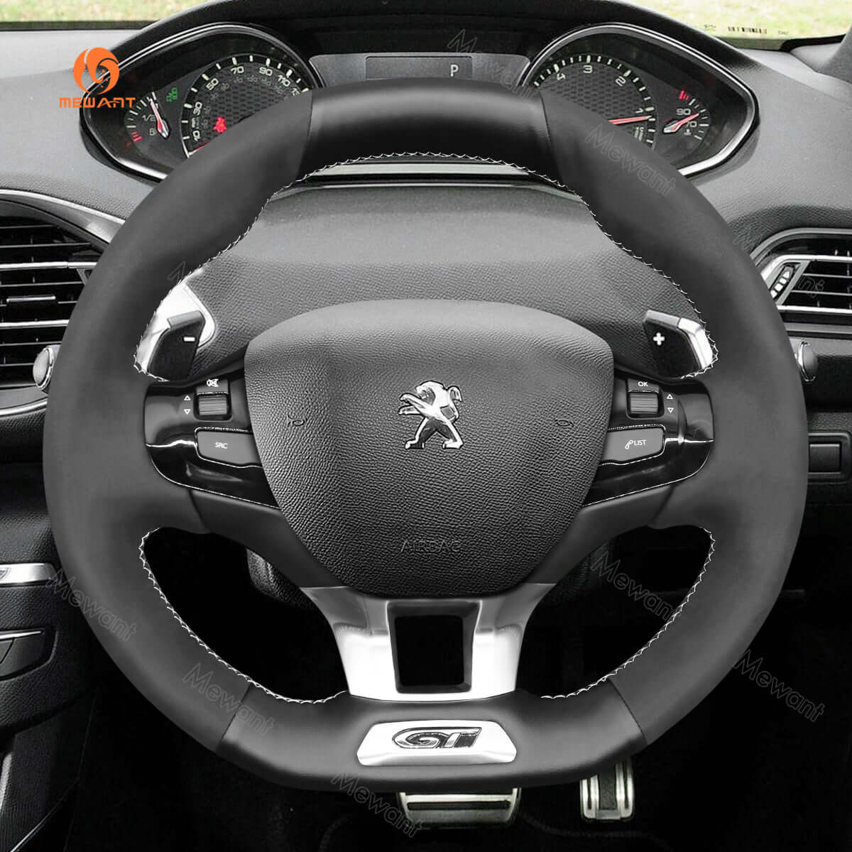 MEWANT Steering Wheel Cover for Peugeot 208 308 GT/GTi/GT Line 2013 - 2021 - Alcantara, Leather, Carbon Fiber, Easy Install, Non - Slip, Best Steering Wheel Cover