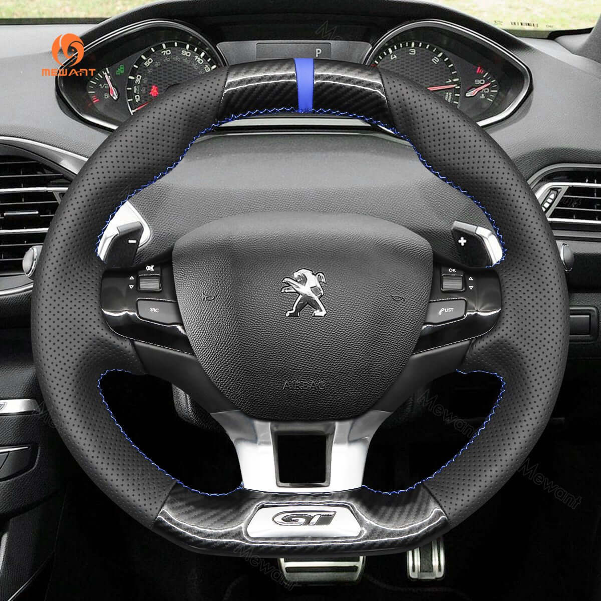 MEWANT Steering Wheel Cover for Peugeot 208 308 GT/GTi/GT Line 2013 - 2021 - Alcantara, Leather, Carbon Fiber, Easy Install, Non - Slip, Best Steering Wheel Cover