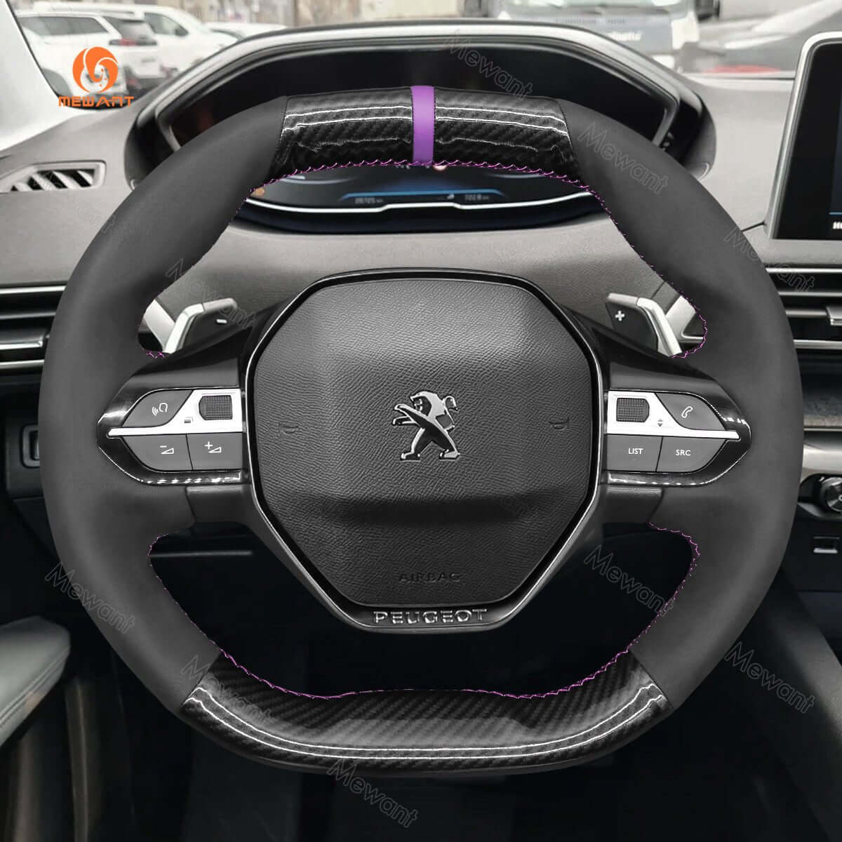 MEWANT Steering Wheel Cover for Peugeot 208 308 SW 2008 3008 508 SW 5008 Partner Rifter 2016 - 2022 - Alcantara, Leather, Carbon Fiber, Easy Install, Non - Slip, Best Steering Wheel Cover