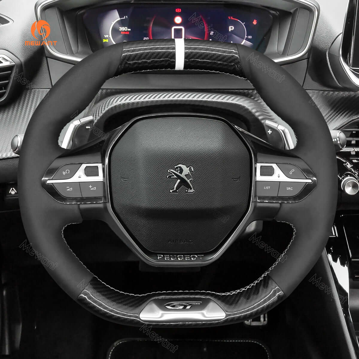 MEWANT Steering Wheel Cover for Peugeot 208 308 SW 2008 3008 508 SW 5008 Rifter GT/GT Line 2016 - 2022 - Alcantara, Leather, Carbon Fiber, Easy Install, Non - Slip, Best Steering Wheel Cover