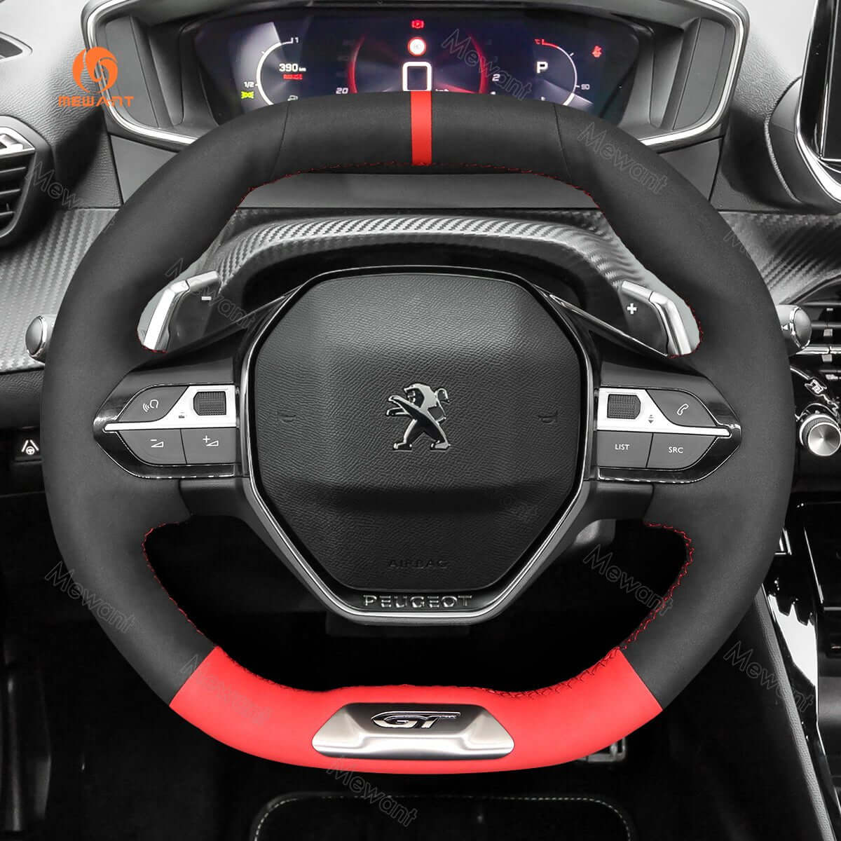 MEWANT Steering Wheel Cover for Peugeot 208 308 SW 2008 3008 508 SW 5008 Rifter GT/GT Line 2016 - 2022 - Alcantara, Leather, Carbon Fiber, Easy Install, Non - Slip, Best Steering Wheel Cover