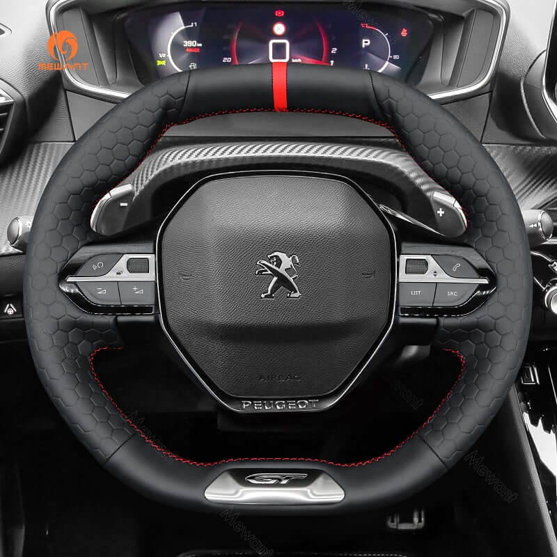 MEWANT Steering Wheel Cover for Peugeot 208 308 SW 2008 3008 508 SW 5008 Rifter GT/GT Line 2016 - 2022 - Alcantara, Leather, Carbon Fiber, Easy Install, Non - Slip, Best Steering Wheel Cover