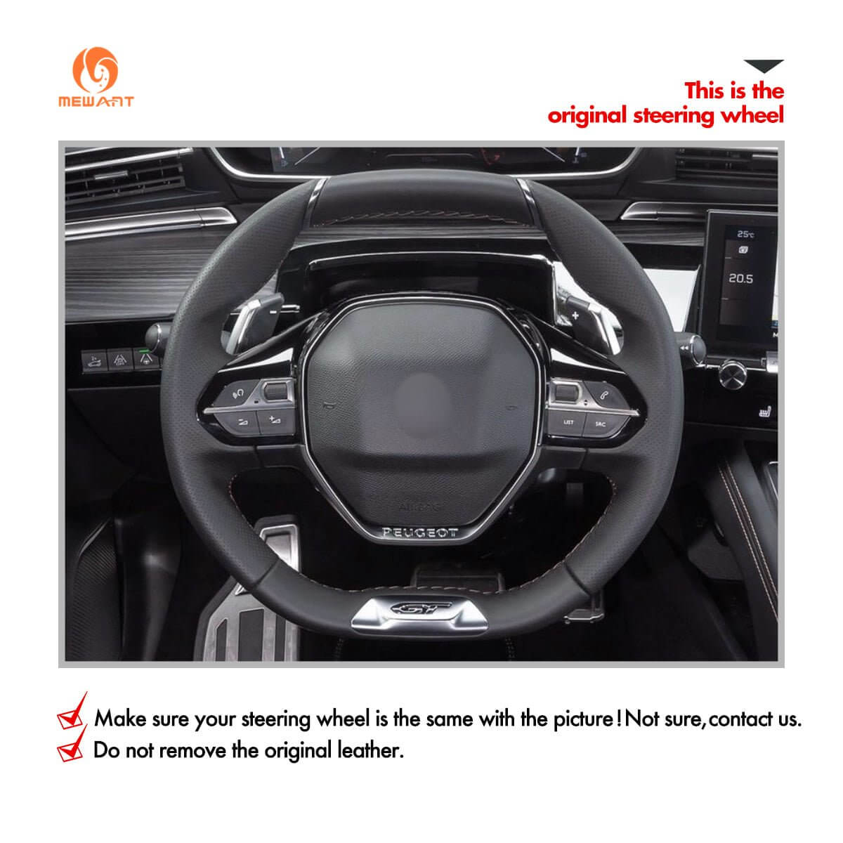 MEWANT Steering Wheel Cover for Peugeot 208 308 SW 2008 3008 508 SW 5008 Rifter GT/GT Line 2016 - 2022 - Alcantara, Leather, Carbon Fiber, Easy Install, Non - Slip, Best Steering Wheel Cover