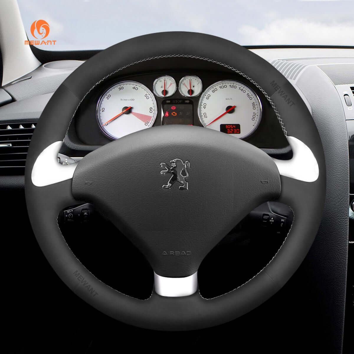MEWANT Steering Wheel Cover for Peugeot 307 CC 2004-2007 - Alcantara, Leather, Carbon Fiber, Easy Install, Non-Slip