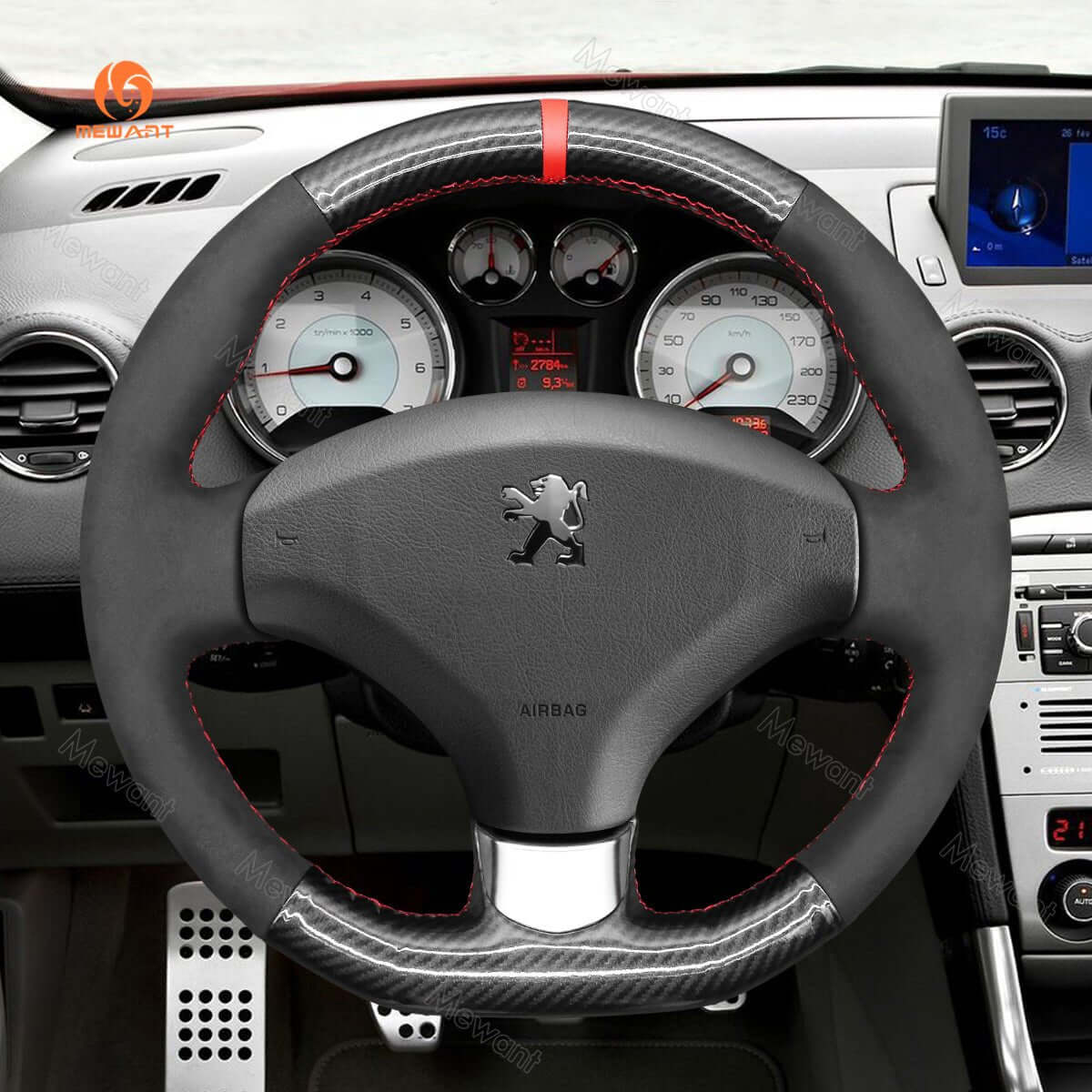 MEWANT Steering Wheel Cover for Peugeot 308 308 CC SW RCZ 3008 5008 2008 - 2017 - Alcantara, Leather, Carbon Fiber, Easy Install, Non - Slip, Best Steering Wheel Cover