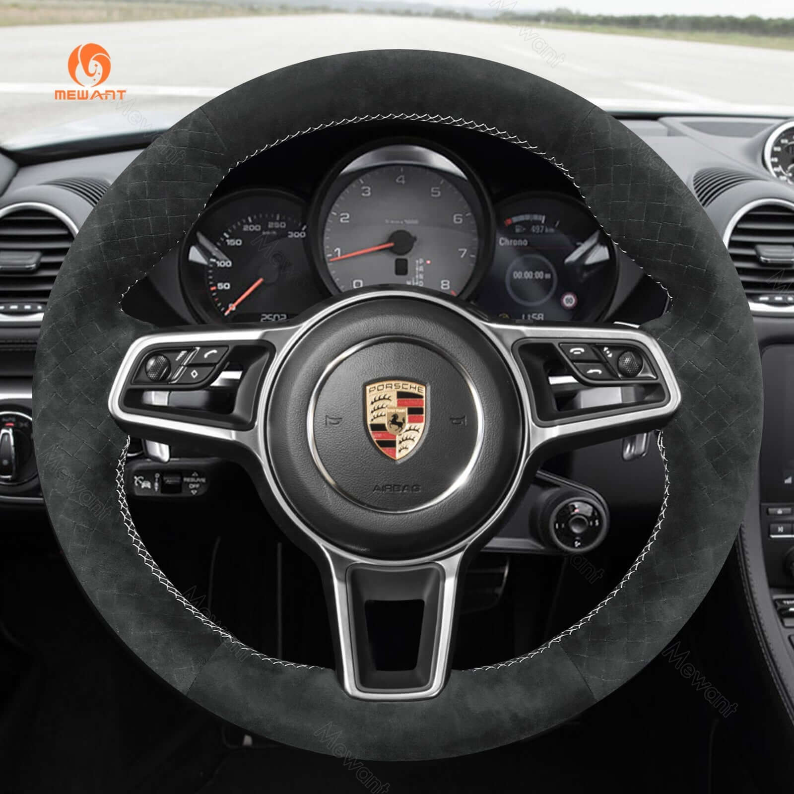 MEWANT Steering Wheel Cover for Porsche 911 718 Boxster Cayman 718 Spyder 918 Spyder Cayenne Macan Panamera 2014 - 2021 - Alcantara, Leather, Carbon Fiber, Easy Install, Non - Slip, Best Steering Wheel Cover
