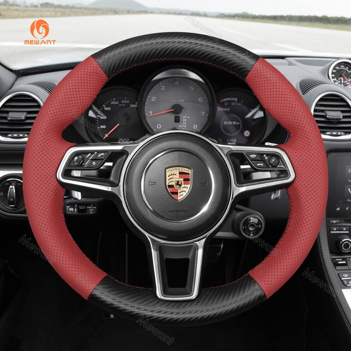 MEWANT Steering Wheel Cover for Porsche 911 718 Boxster Cayman 718 Spyder 918 Spyder Cayenne Macan Panamera 2014 - 2021 - Alcantara, Leather, Carbon Fiber, Easy Install, Non - Slip, Best Steering Wheel Cover