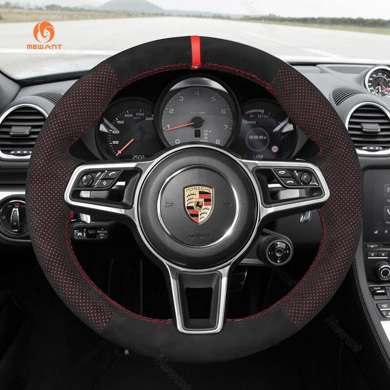 MEWANT Steering Wheel Cover for Porsche 911 718 Boxster Cayman 718 Spyder 918 Spyder Cayenne Macan Panamera 2014 - 2021 - Alcantara, Leather, Carbon Fiber, Easy Install, Non - Slip, Best Steering Wheel Cover