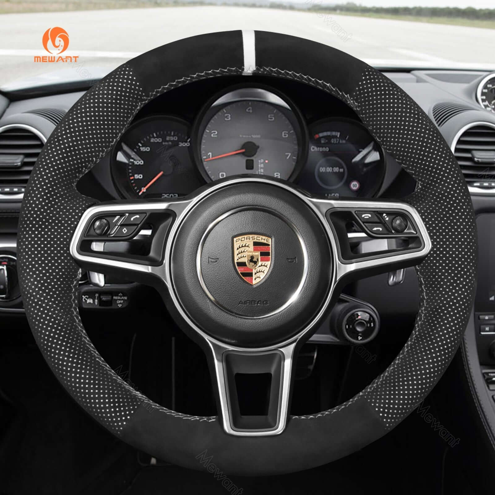 MEWANT Steering Wheel Cover for Porsche 911 718 Boxster Cayman 718 Spyder 918 Spyder Cayenne Macan Panamera 2014 - 2021 - Alcantara, Leather, Carbon Fiber, Easy Install, Non - Slip, Best Steering Wheel Cover