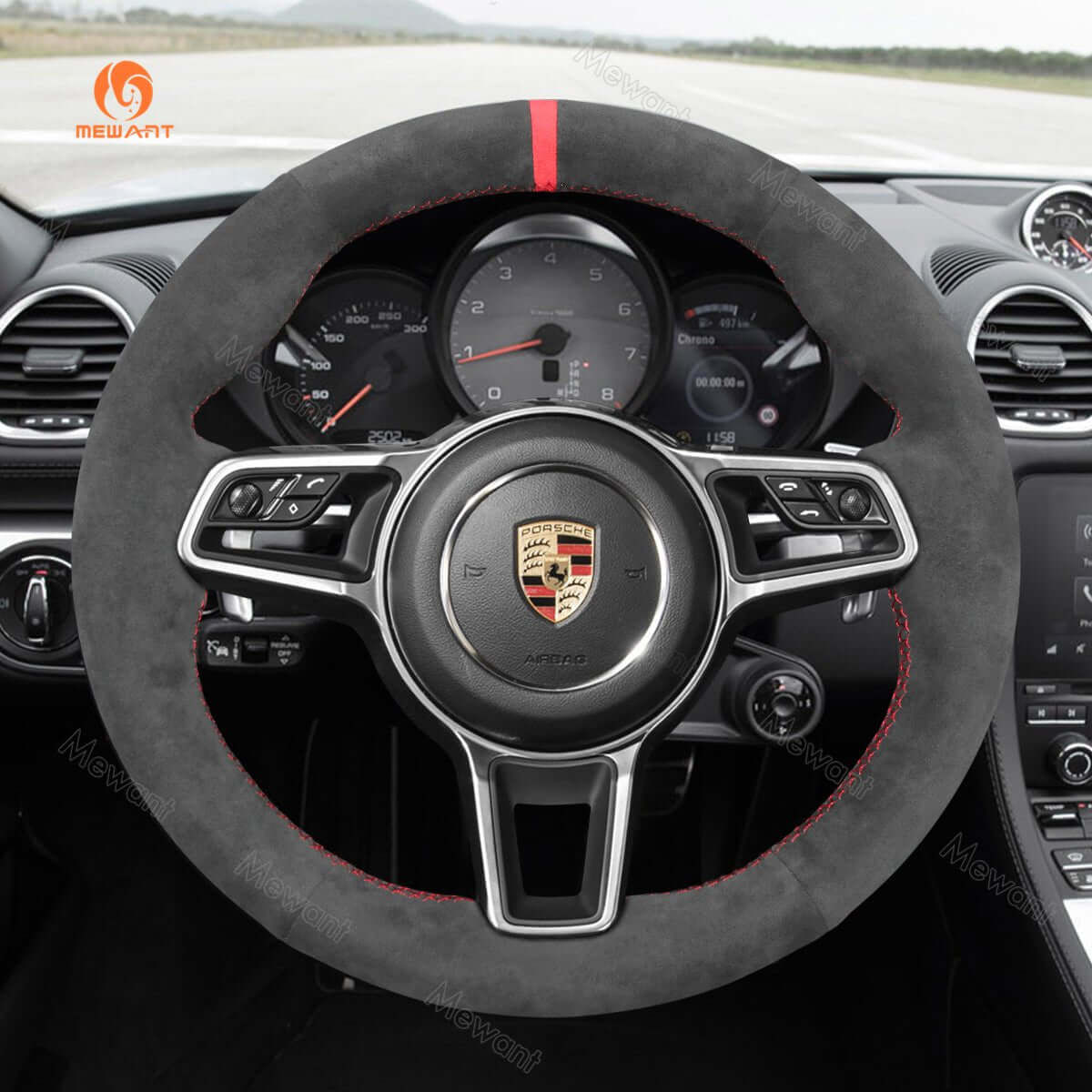 MEWANT Steering Wheel Cover for Porsche 911 718 Boxster Cayman 718 Spyder 918 Spyder Cayenne Macan Panamera 2014 - 2021 - Alcantara, Leather, Carbon Fiber, Easy Install, Non - Slip, Best Steering Wheel Cover