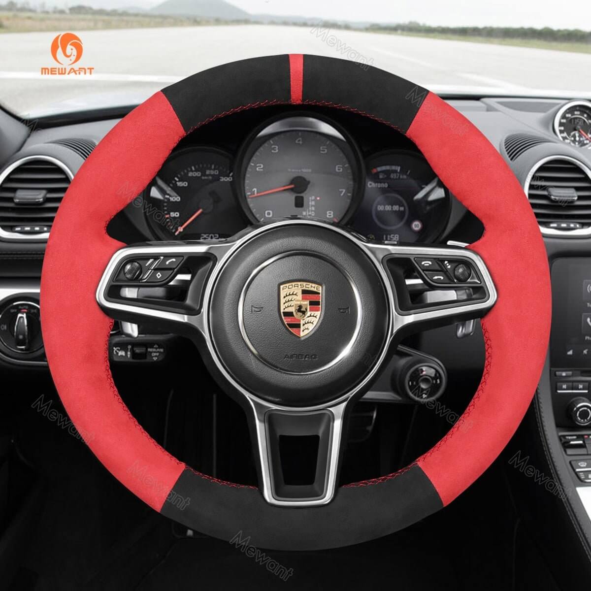 MEWANT Steering Wheel Cover for Porsche 911 718 Boxster Cayman 718 Spyder 918 Spyder Cayenne Macan Panamera 2014 - 2021 - Alcantara, Leather, Carbon Fiber, Easy Install, Non - Slip, Best Steering Wheel Cover