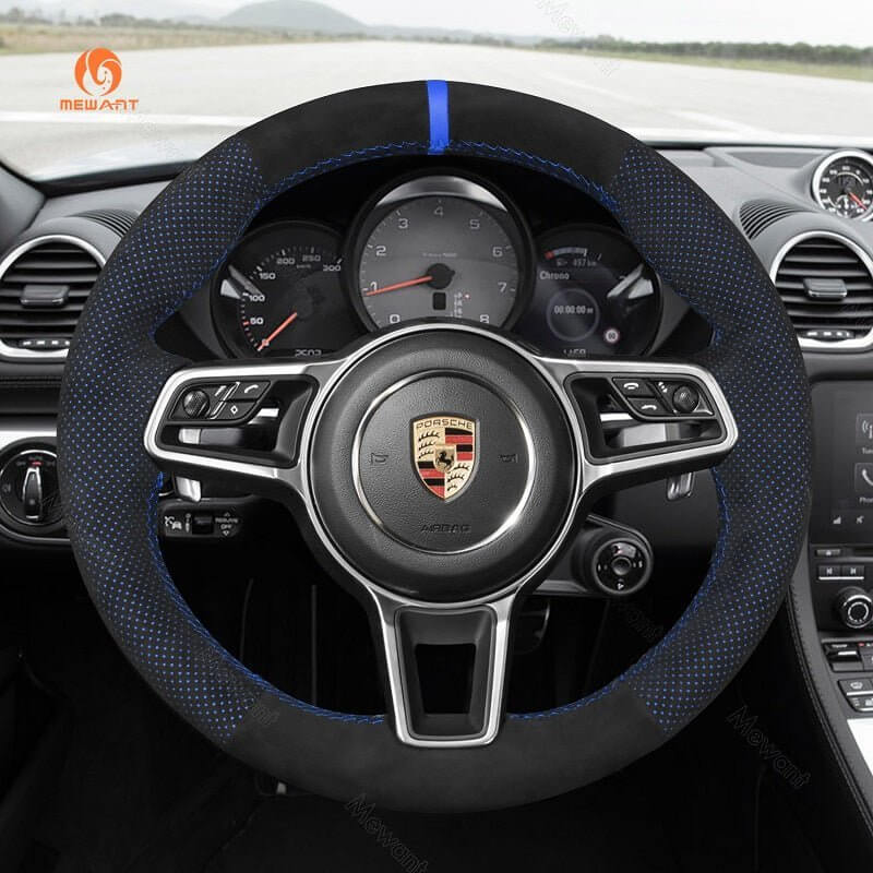 MEWANT Steering Wheel Cover for Porsche 911 718 Boxster Cayman 718 Spyder 918 Spyder Cayenne Macan Panamera 2014 - 2021 - Alcantara, Leather, Carbon Fiber, Easy Install, Non - Slip, Best Steering Wheel Cover
