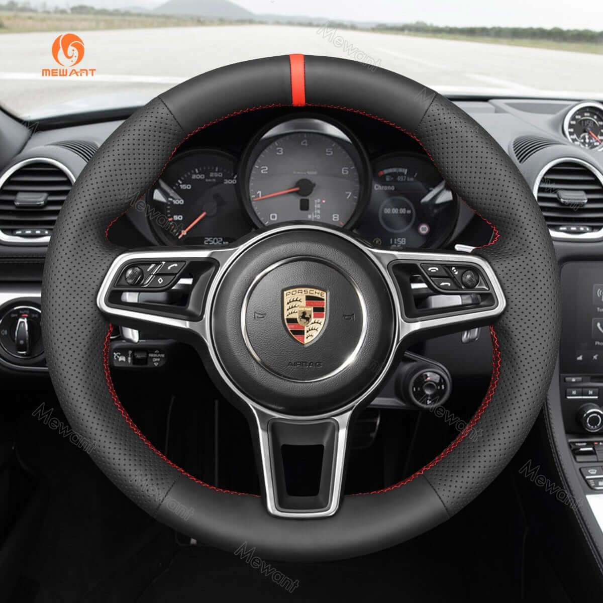 MEWANT Steering Wheel Cover for Porsche 911 718 Boxster Cayman 718 Spyder 918 Spyder Cayenne Macan Panamera 2014 - 2021 - Alcantara, Leather, Carbon Fiber, Easy Install, Non - Slip, Best Steering Wheel Cover