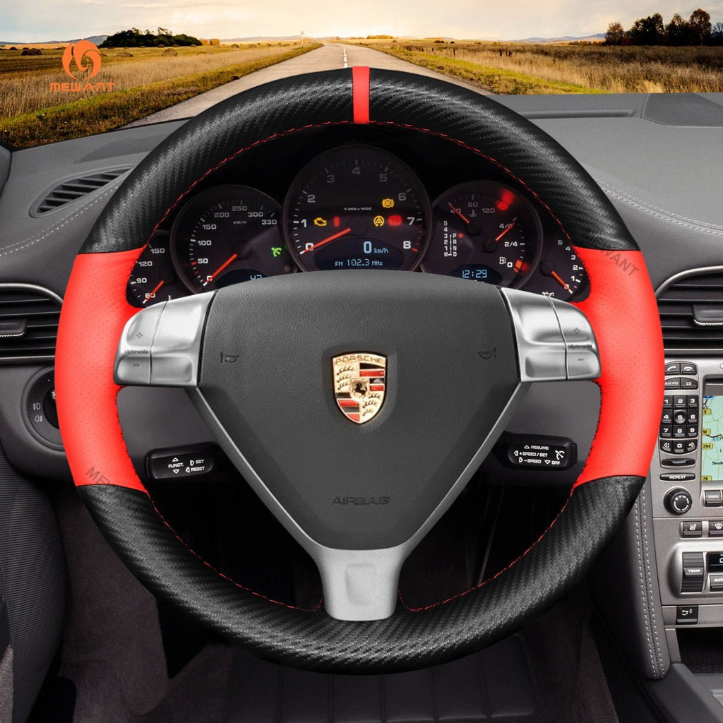 MEWANT Steering Wheel Cover for Porsche 911 997 Boxster Cayman 987 2005 - 2009 - Alcantara, Leather, Carbon Fiber, Easy Install, Non - Slip, Best Steering Wheel Cover