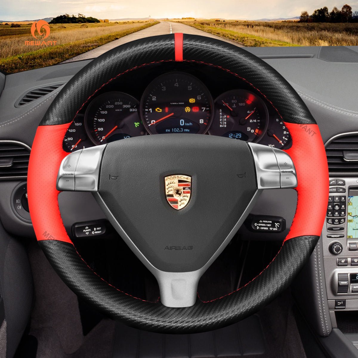 MEWANT Steering Wheel Cover for Porsche 911 997 Boxster Cayman 987 2005 - 2009 - Alcantara, Leather, Carbon Fiber, Easy Install, Non - Slip, Best Steering Wheel Cover