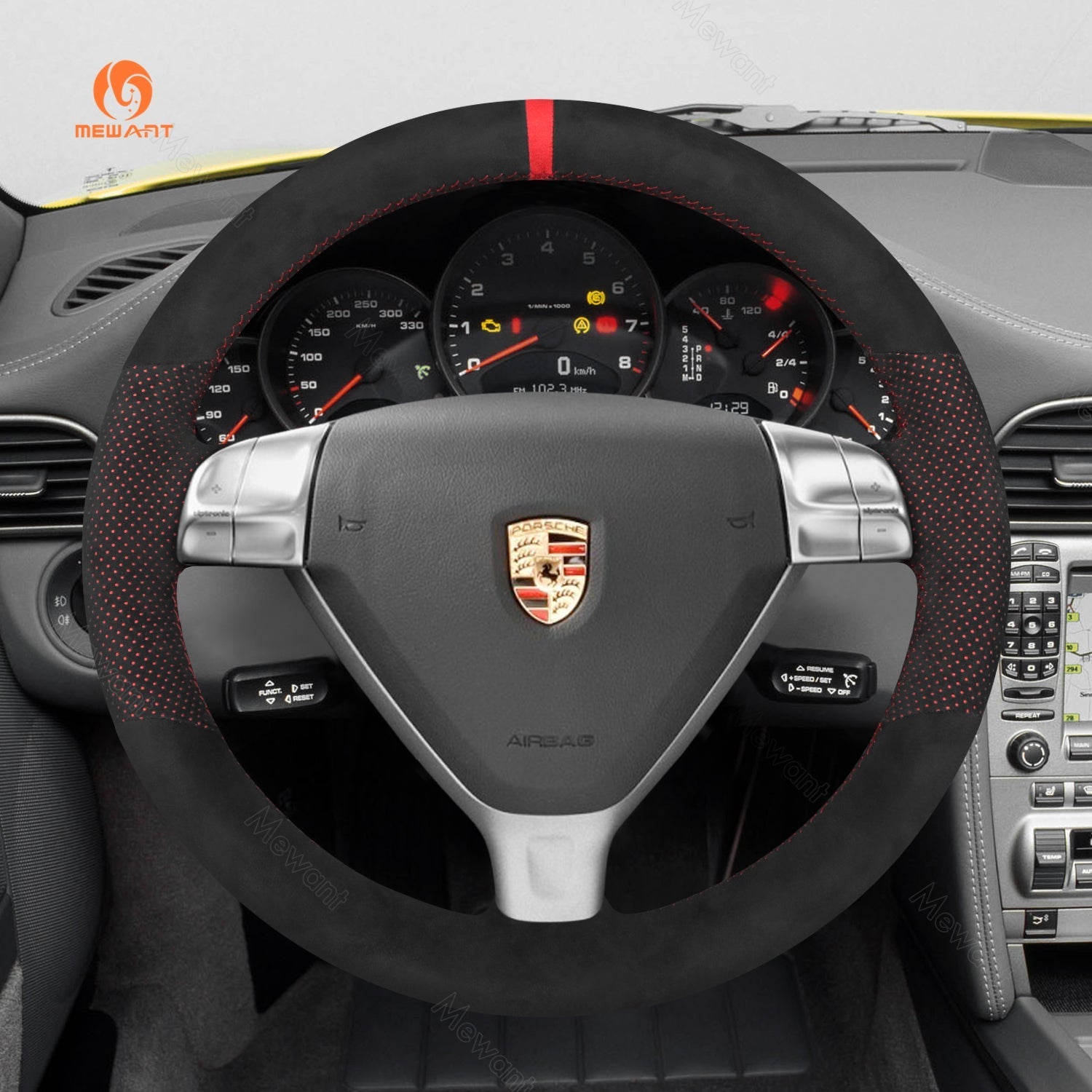 MEWANT Steering Wheel Cover for Porsche 911 997 Boxster Cayman 987 2005 - 2009 - Alcantara, Leather, Carbon Fiber, Easy Install, Non - Slip, Best Steering Wheel Cover
