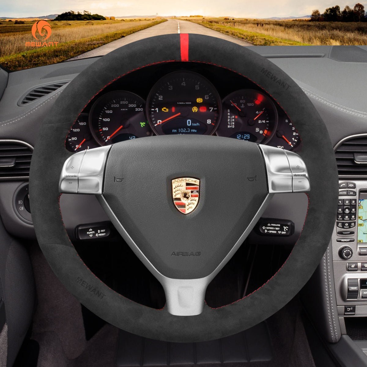 MEWANT Steering Wheel Cover for Porsche 911 997 Boxster Cayman 987 2005 - 2009 - Alcantara, Leather, Carbon Fiber, Easy Install, Non - Slip, Best Steering Wheel Cover