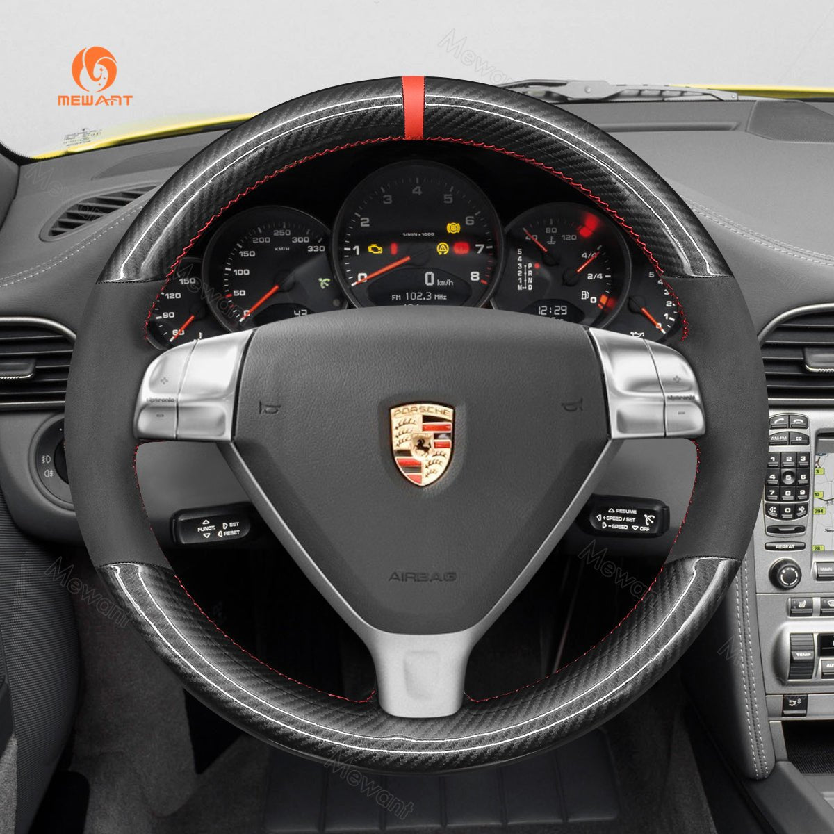 MEWANT Steering Wheel Cover for Porsche 911 997 Boxster Cayman 987 2005 - 2009 - Alcantara, Leather, Carbon Fiber, Easy Install, Non - Slip, Best Steering Wheel Cover