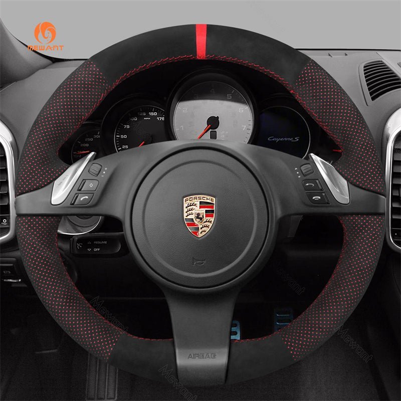 MEWANT Steering Wheel Cover for Porsche 911 Boxster Cayman 981 Cayenne Panamera 2009 - 2016 - Alcantara, Leather, Carbon Fiber, Easy Install, Non - Slip, Best Steering Wheel Cover
