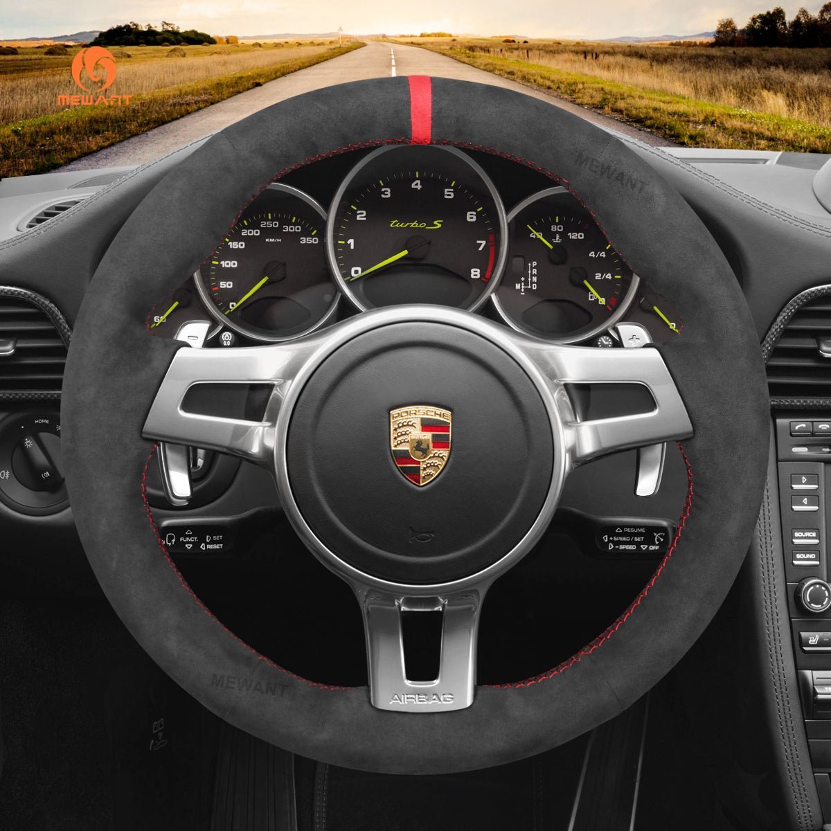 MEWANT Steering Wheel Cover for Porsche 911 Boxster Cayman 981 Cayenne Panamera 2009 - 2016 - Alcantara, Leather, Carbon Fiber, Easy Install, Non - Slip, Best Steering Wheel Cover
