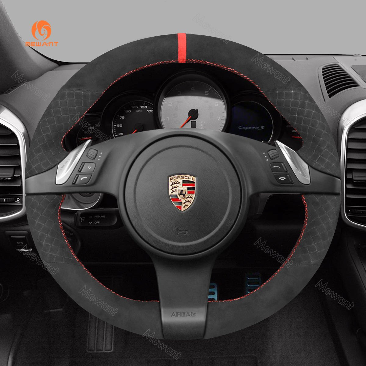 MEWANT Steering Wheel Cover for Porsche 911 Boxster Cayman 981 Cayenne Panamera 2009 - 2016 - Alcantara, Leather, Carbon Fiber, Easy Install, Non - Slip, Best Steering Wheel Cover