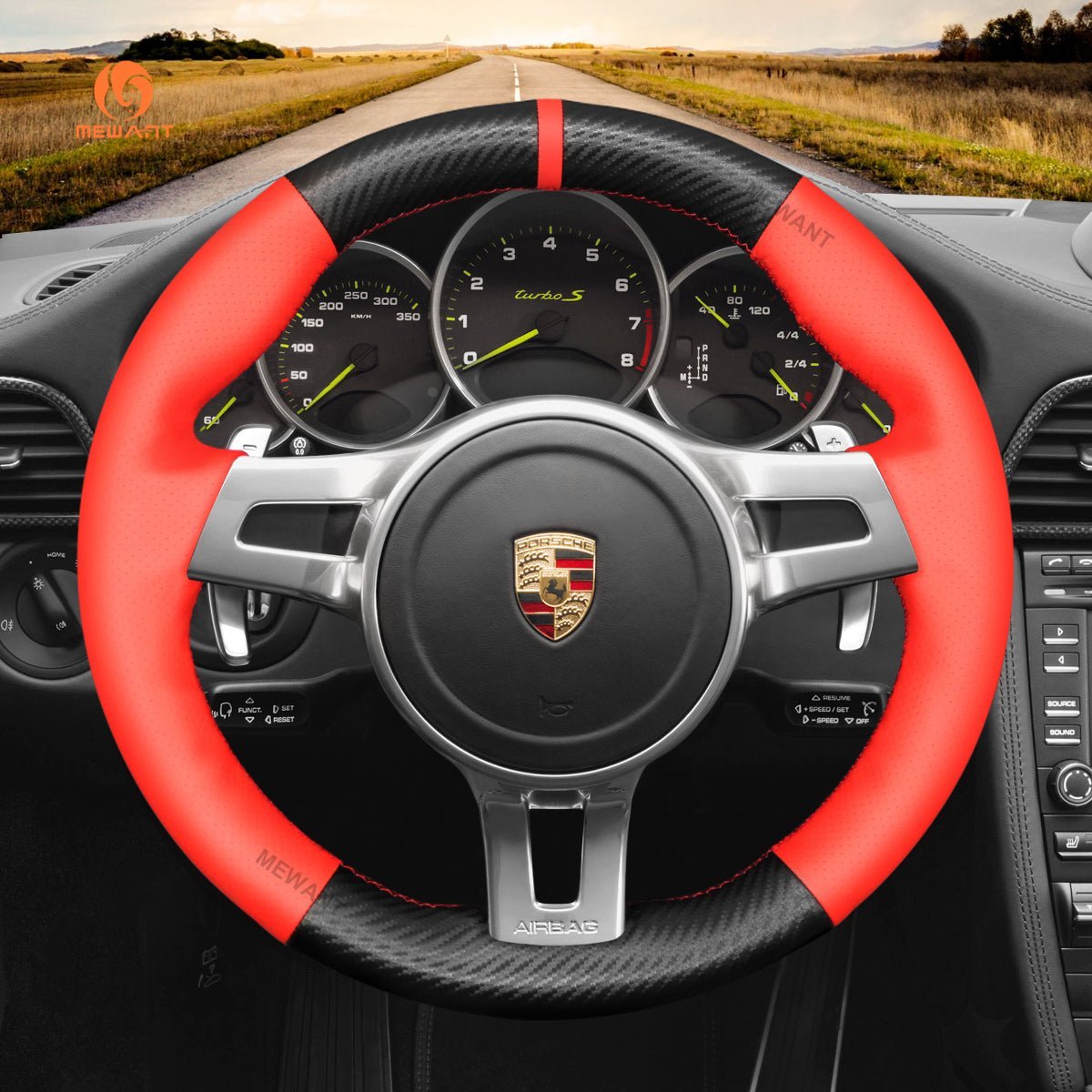 MEWANT Steering Wheel Cover for Porsche 911 Boxster Cayman 981 Cayenne Panamera 2009 - 2016 - Alcantara, Leather, Carbon Fiber, Easy Install, Non - Slip, Best Steering Wheel Cover