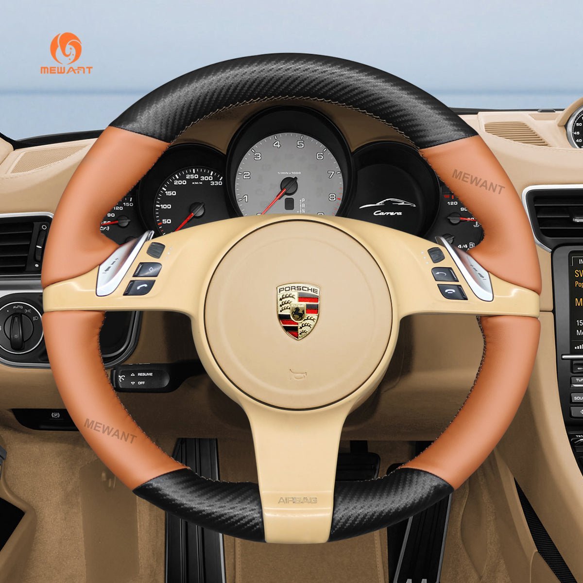 MEWANT Steering Wheel Cover for Porsche 911 Boxster Cayman 981 Cayenne Panamera 2009 - 2016 - Alcantara, Leather, Carbon Fiber, Easy Install, Non - Slip, Best Steering Wheel Cover