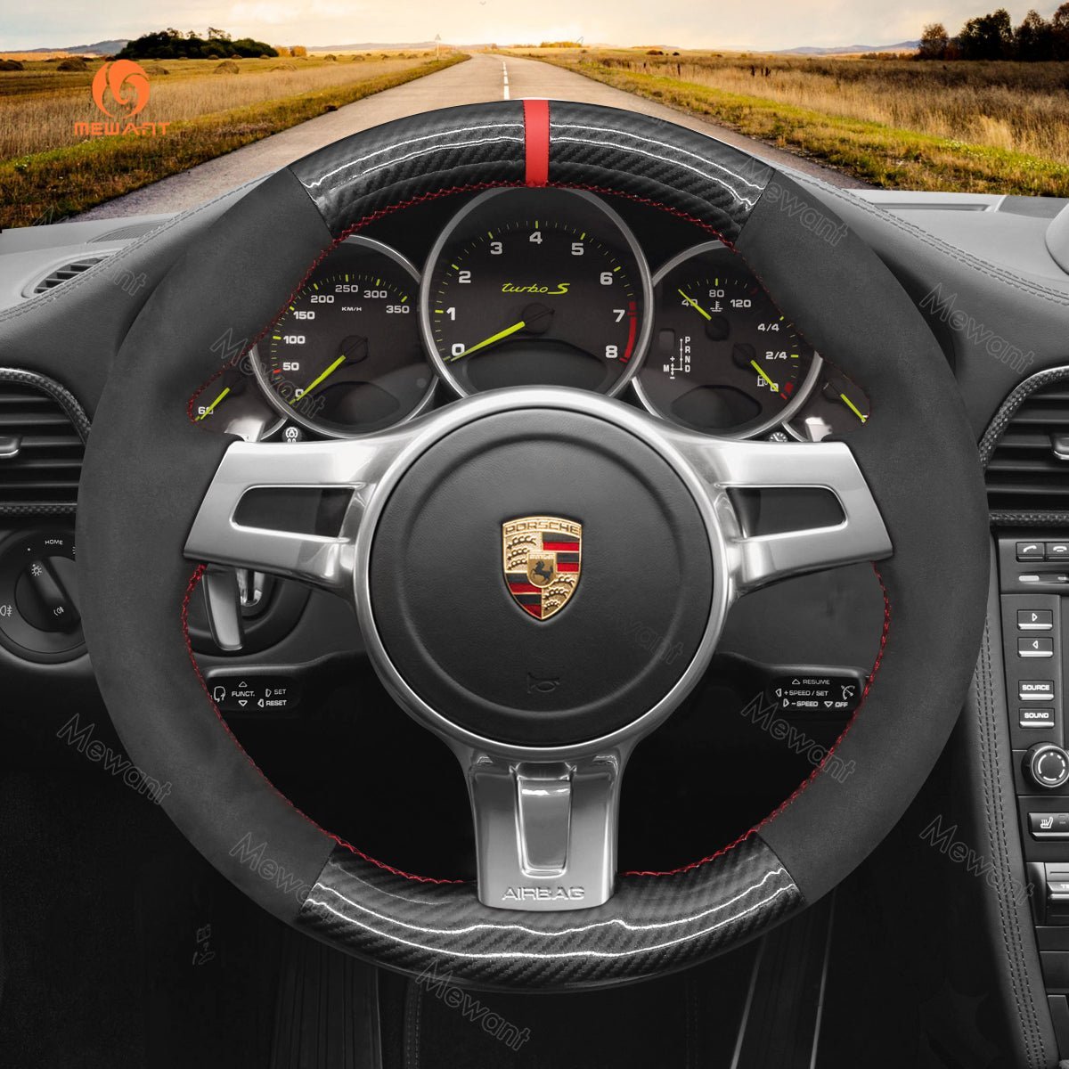 MEWANT Steering Wheel Cover for Porsche 911 Boxster Cayman 981 Cayenne Panamera 2009 - 2016 - Alcantara, Leather, Carbon Fiber, Easy Install, Non - Slip, Best Steering Wheel Cover