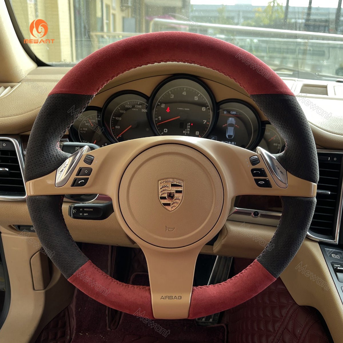 MEWANT Steering Wheel Cover for Porsche 911 Boxster Cayman 981 Cayenne Panamera 2009 - 2016 - Alcantara, Leather, Carbon Fiber, Easy Install, Non - Slip, Best Steering Wheel Cover