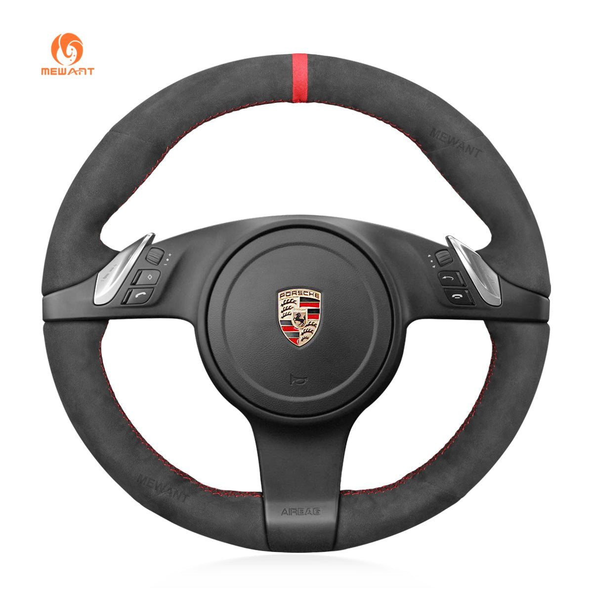 MEWANT Steering Wheel Cover for Porsche 911 Boxster Cayman 981 Cayenne Panamera 2009 - 2016 - Alcantara, Leather, Carbon Fiber, Easy Install, Non - Slip, Best Steering Wheel Cover