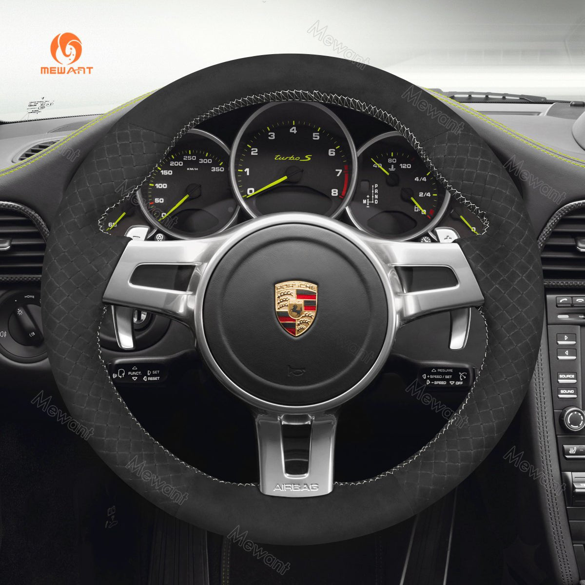 MEWANT Steering Wheel Cover for Porsche 911 Boxster Cayman 981 Cayenne Panamera 2009 - 2016 - Alcantara, Leather, Carbon Fiber, Easy Install, Non - Slip, Best Steering Wheel Cover