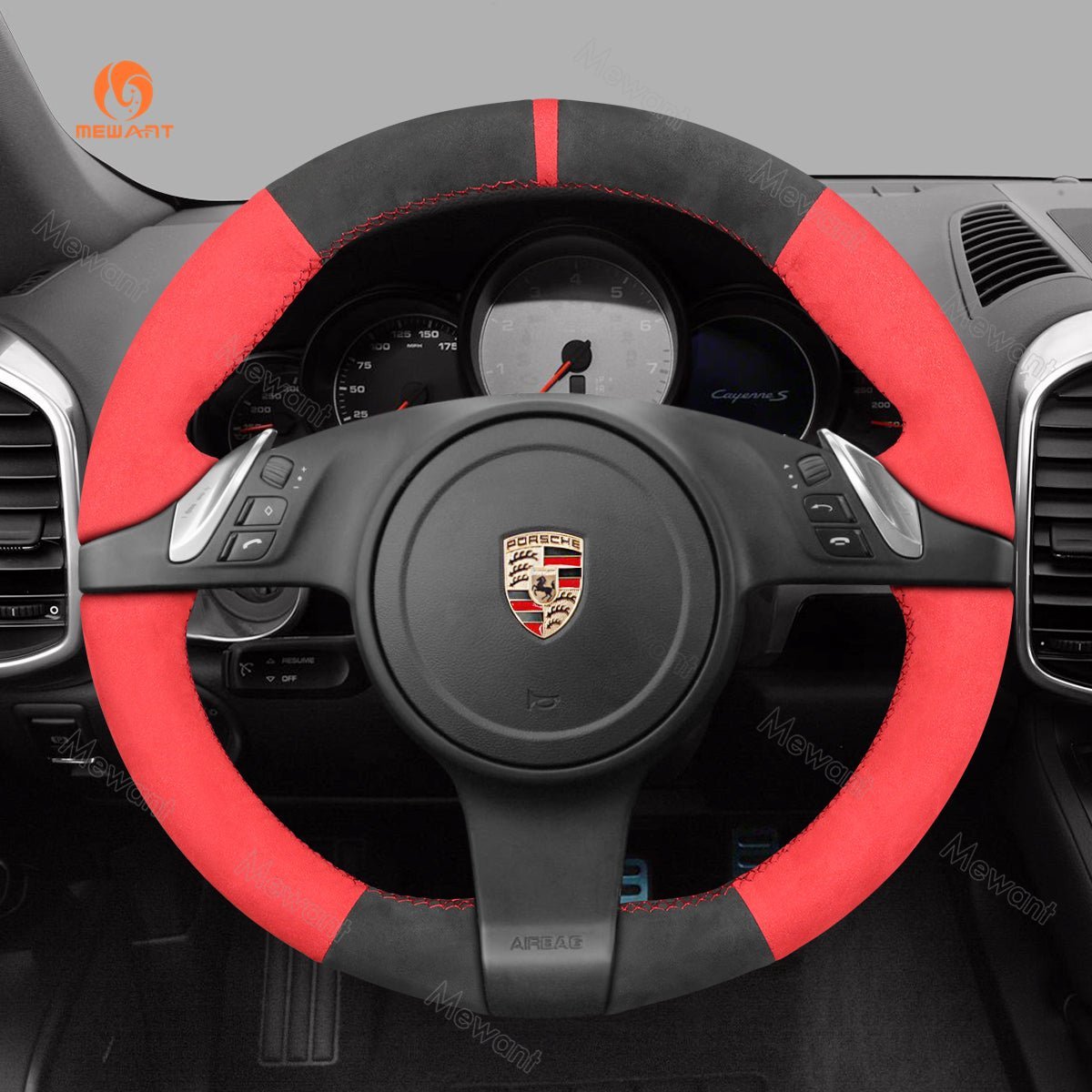 MEWANT Steering Wheel Cover for Porsche 911 Boxster Cayman 981 Cayenne Panamera 2009 - 2016 - Alcantara, Leather, Carbon Fiber, Easy Install, Non - Slip, Best Steering Wheel Cover