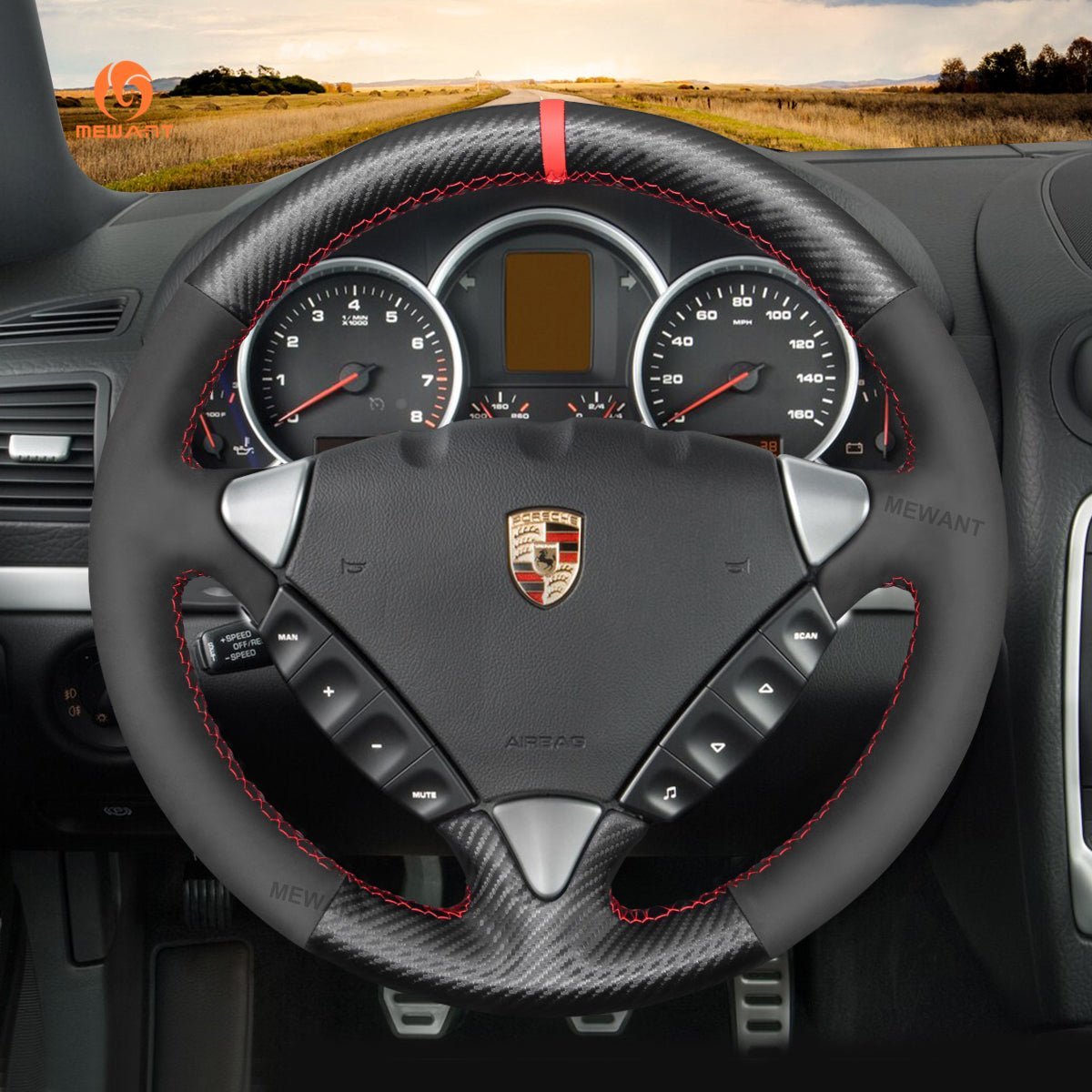 MEWANT Steering Wheel Cover for Porsche Cayenne 2003 - 2010 - Alcantara, Leather, Carbon Fiber, Easy Install, Non - Slip, Best Steering Wheel Cover