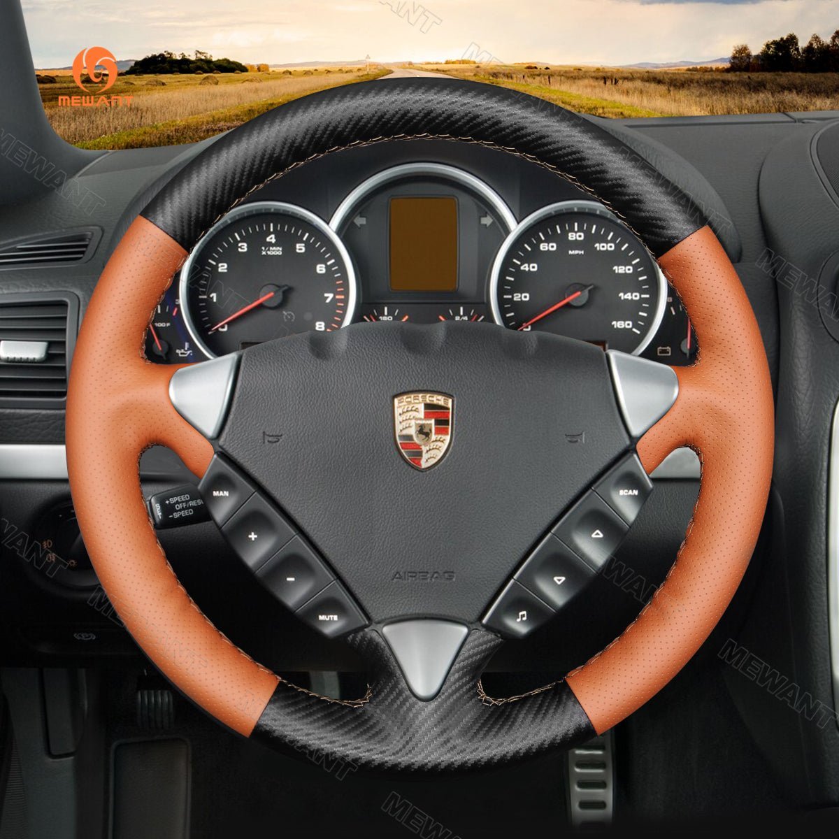 MEWANT Steering Wheel Cover for Porsche Cayenne 2003 - 2010 - Alcantara, Leather, Carbon Fiber, Easy Install, Non - Slip, Best Steering Wheel Cover