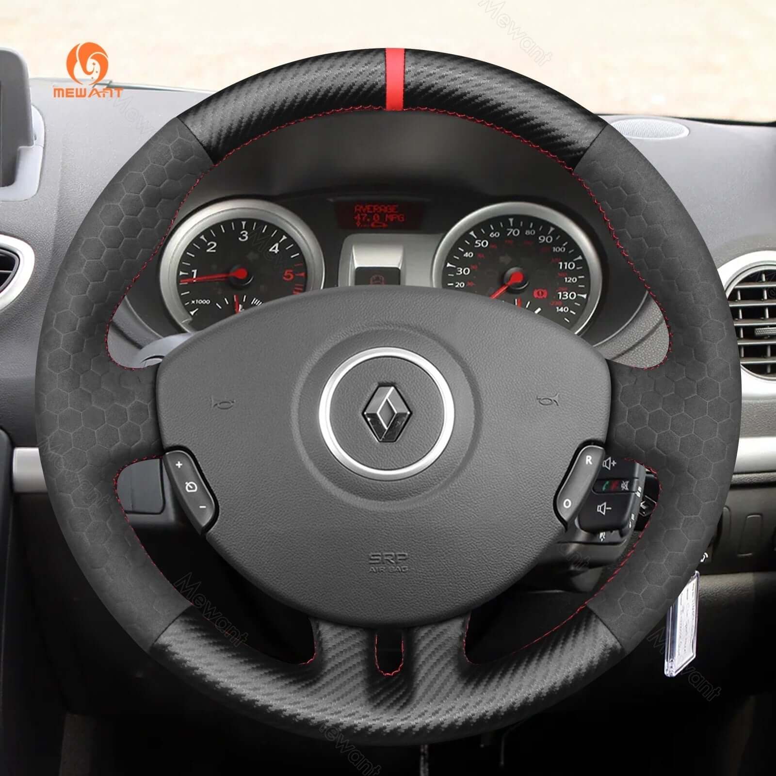 MEWANT Steering Wheel Cover for Renault Clio 3 2005 - 2012 - Alcantara, Leather, Carbon Fiber, Easy Install, Non - Slip, Best Steering Wheel Cover