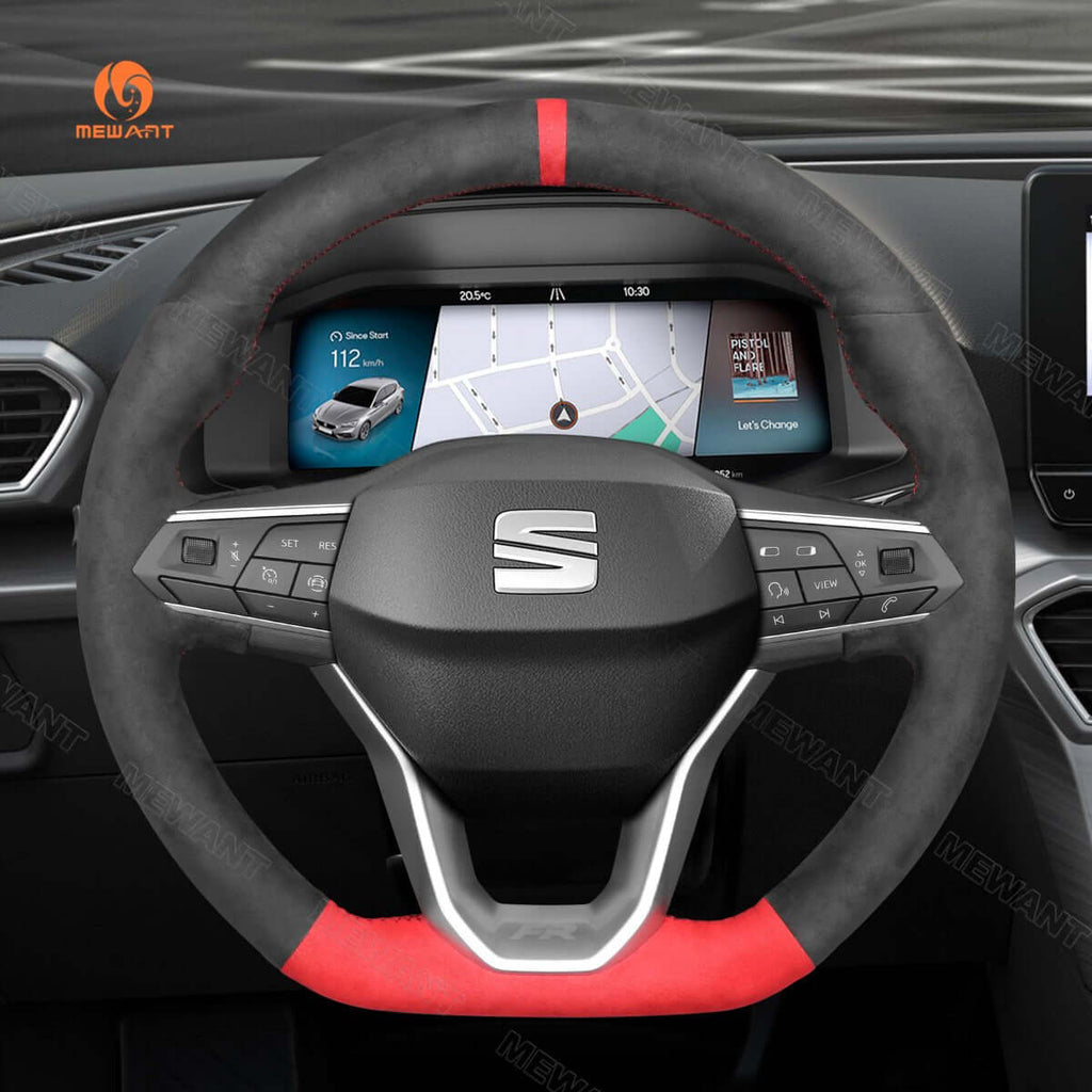 MEWANT Steering Wheel Cover for Seat Leon 2020 - 2021 Ateca 2020 - 2021 Tarraco 2020 - 2021 - Alcantara, Leather, Carbon Fiber, Easy Install, Non - Slip, Best Steering Wheel Cover