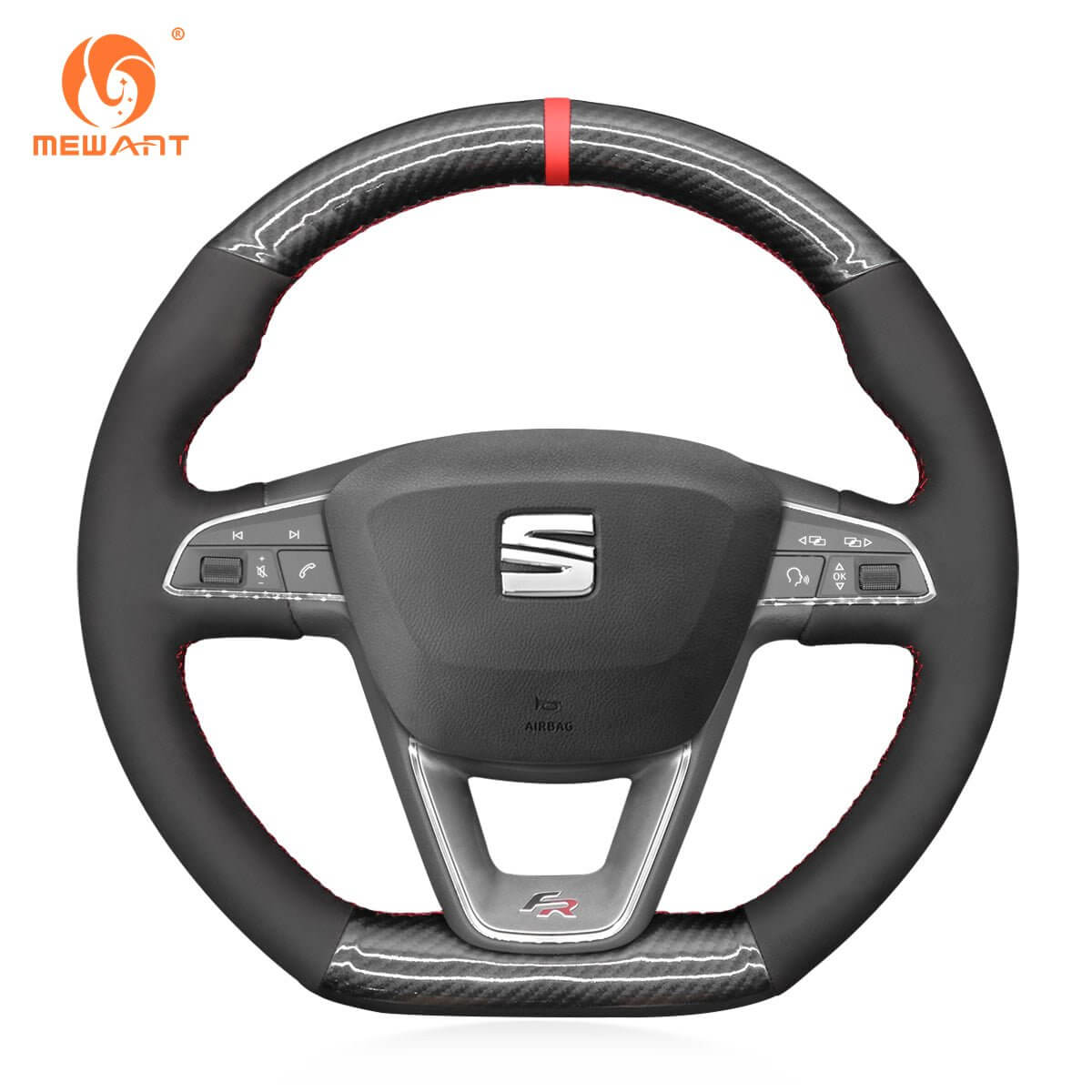 MEWANT Steering Wheel Cover for SEAT Leon 5F Ibiza 6F Alhambra 7N Arona Ateca Tarraco Toledo 2013 - 2021 - Alcantara, Leather, Carbon Fiber, Easy Install, Non - Slip, Best Steering Wheel Cover