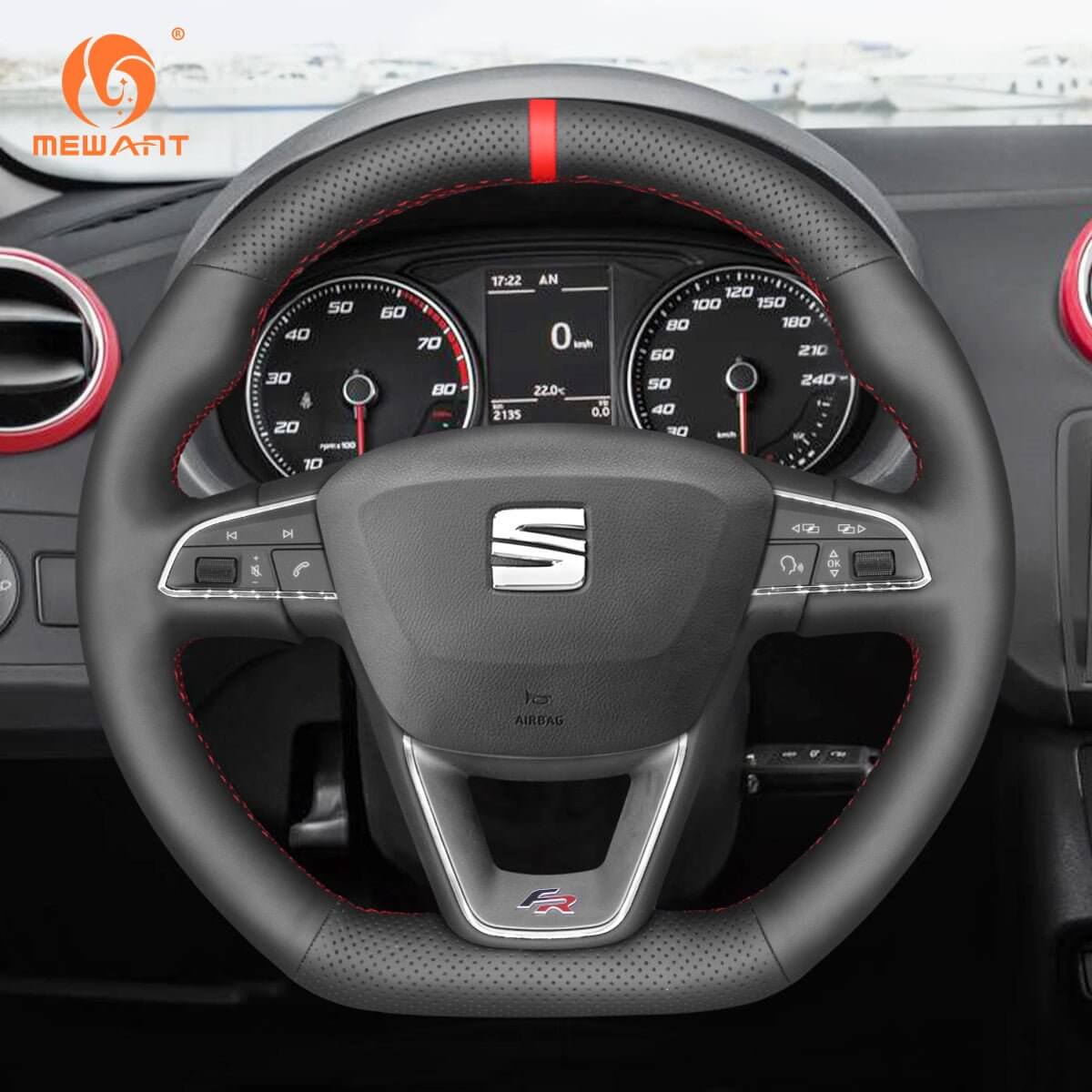 MEWANT Steering Wheel Cover for SEAT Leon 5F Ibiza 6F Alhambra 7N Arona Ateca Tarraco Toledo 2013 - 2021 - Alcantara, Leather, Carbon Fiber, Easy Install, Non - Slip, Best Steering Wheel Cover