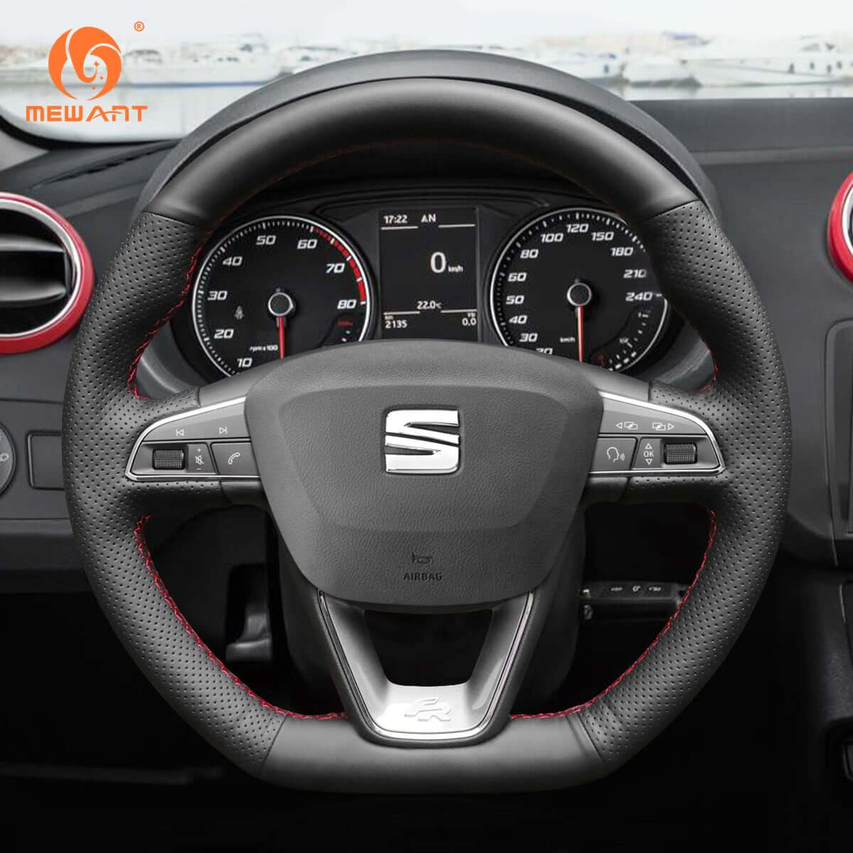 MEWANT Steering Wheel Cover for SEAT Leon 5F Ibiza 6F Alhambra 7N Arona Ateca Tarraco Toledo 2013 - 2021 - Alcantara, Leather, Carbon Fiber, Easy Install, Non - Slip, Best Steering Wheel Cover