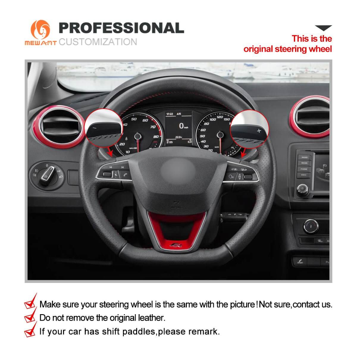 MEWANT Steering Wheel Cover for SEAT Leon 5F Ibiza 6F Alhambra 7N Arona Ateca Tarraco Toledo 2013 - 2021 - Alcantara, Leather, Carbon Fiber, Easy Install, Non - Slip, Best Steering Wheel Cover