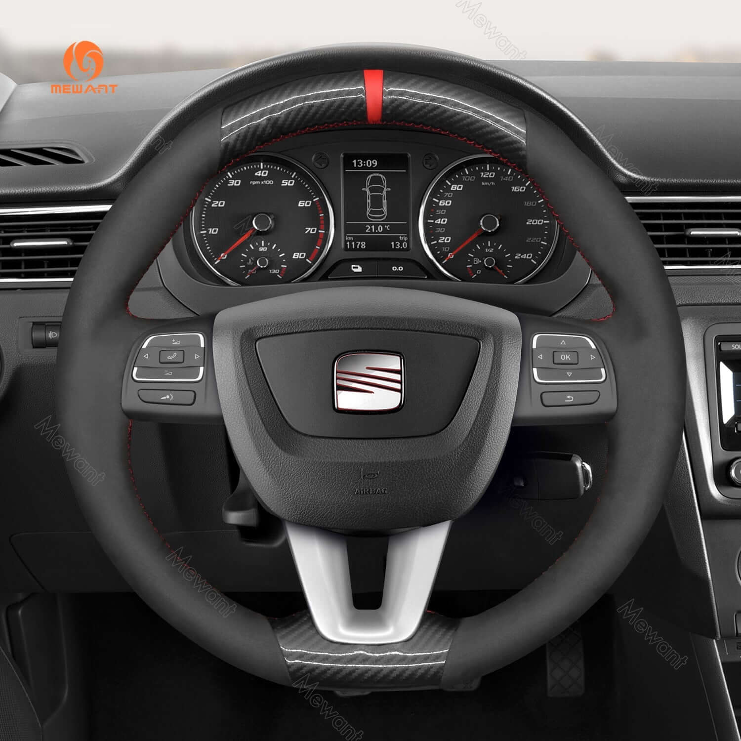 MEWANT Steering Wheel Cover for Seat Leon Alhambra Toledo Altea 2009 - 2012 - Alcantara, Leather, Carbon Fiber, Easy Install, Non - Slip, Best Steering Wheel Cover