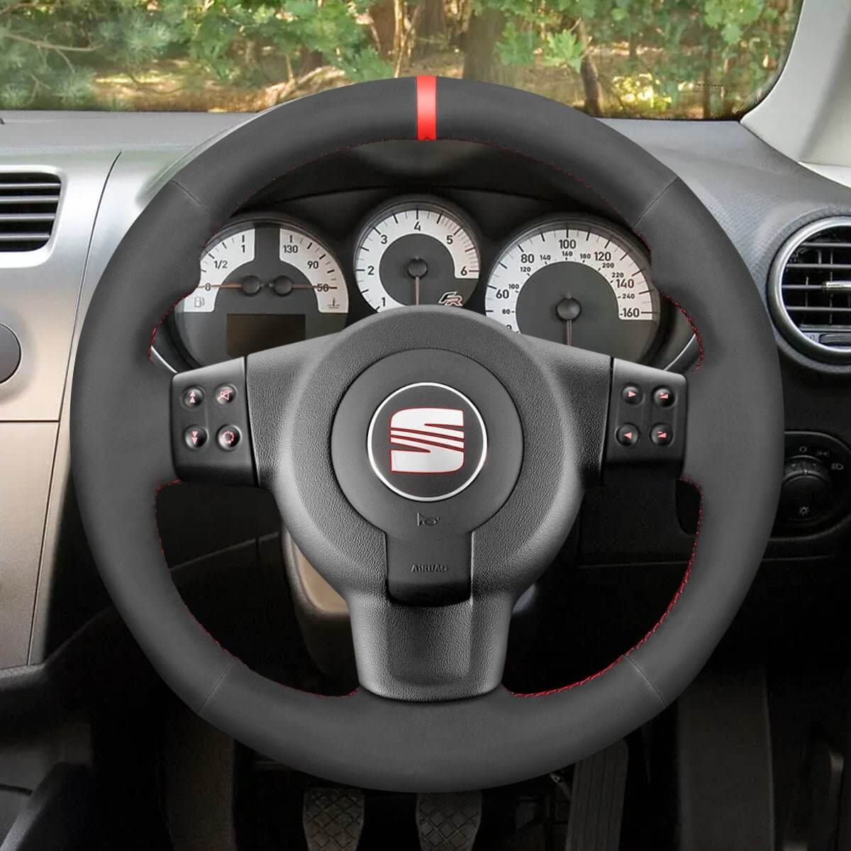 MEWANT Steering Wheel Cover for Seat Leon FR|Cupra MK2 1P Ibiza FR 6L 2005 - 2009 - Alcantara, Leather, Carbon Fiber, Easy Install, Non - Slip, Best Steering Wheel Cover