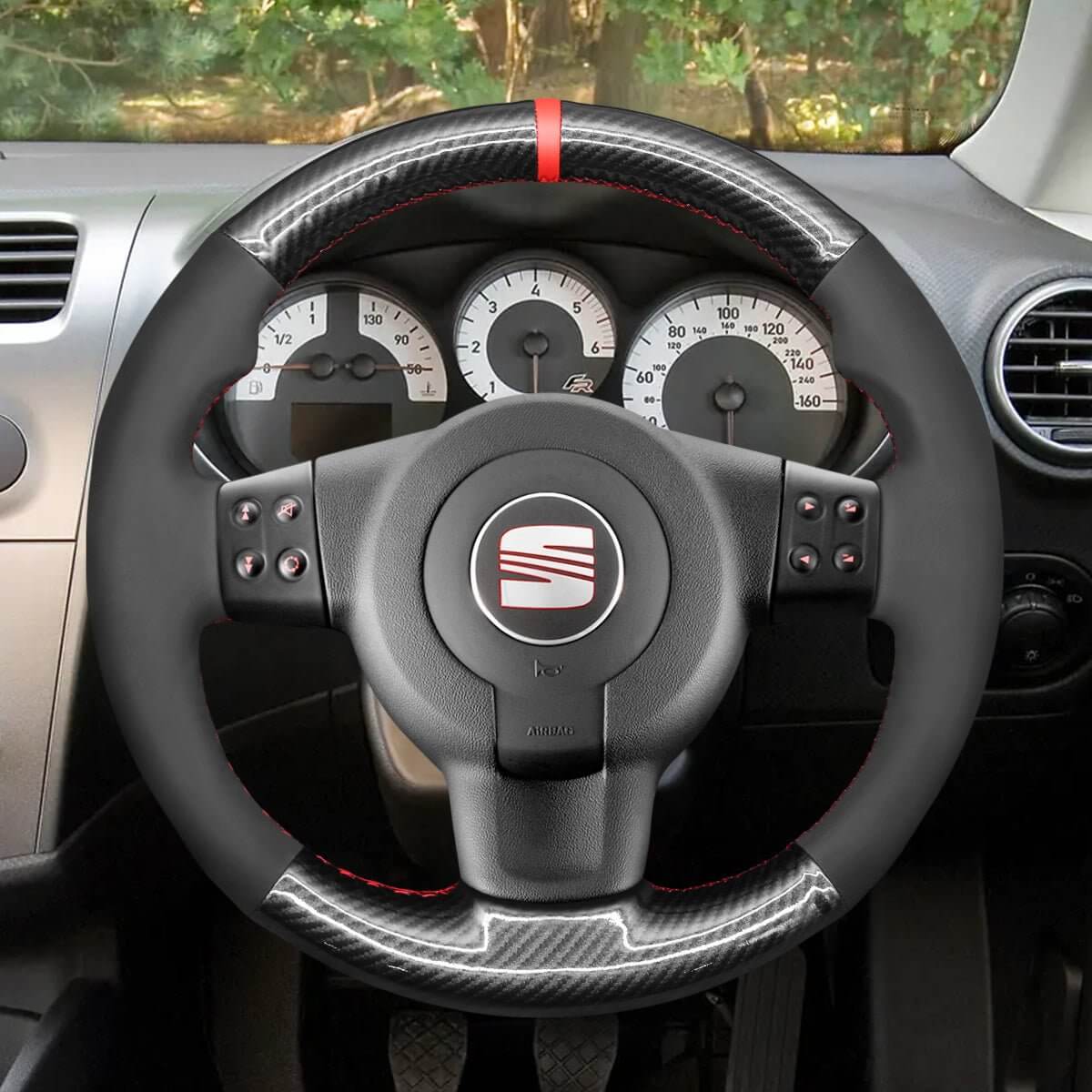 MEWANT Steering Wheel Cover for Seat Leon FR|Cupra MK2 1P Ibiza FR 6L 2005 - 2009 - Alcantara, Leather, Carbon Fiber, Easy Install, Non - Slip, Best Steering Wheel Cover